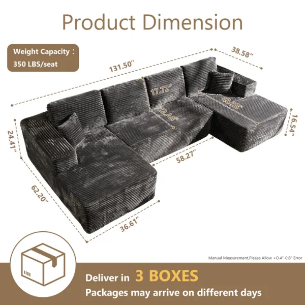 Boneless Couch U-Shaped Modular Sectional Sofa with Chaise, Plush Corduroy Fabric, No Assembly