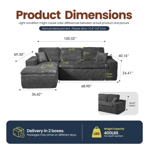 105" Modular L-Shape Sectional Sofa with Chaise, Deep Seat Cloud Couch