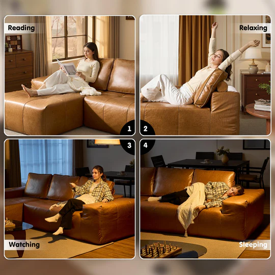 Boneless Couch 114" Cloud Sectional Sofa - L-Shaped Faux Leather Modular Couch with Deep Seat Chaise