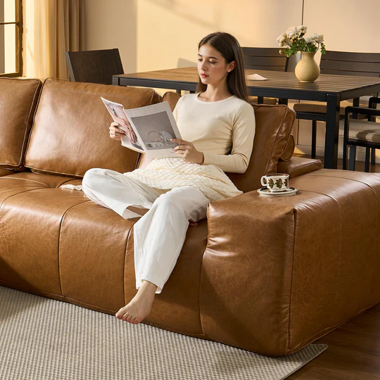 Boneless Couch 114" Cloud Sectional Sofa - L-Shaped Faux Leather Modular Couch with Deep Seat Chaise