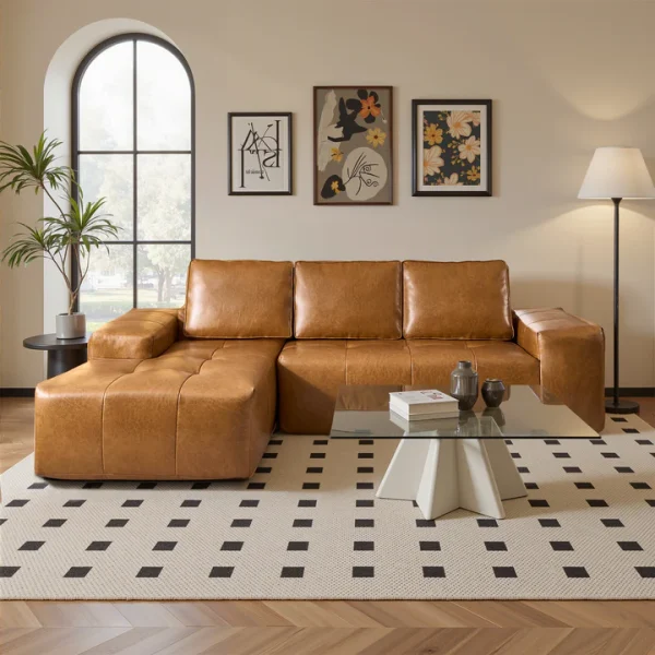 Boneless Couch 114" Cloud Sectional Sofa - L-Shaped Faux Leather Modular Couch with Deep Seat Chaise