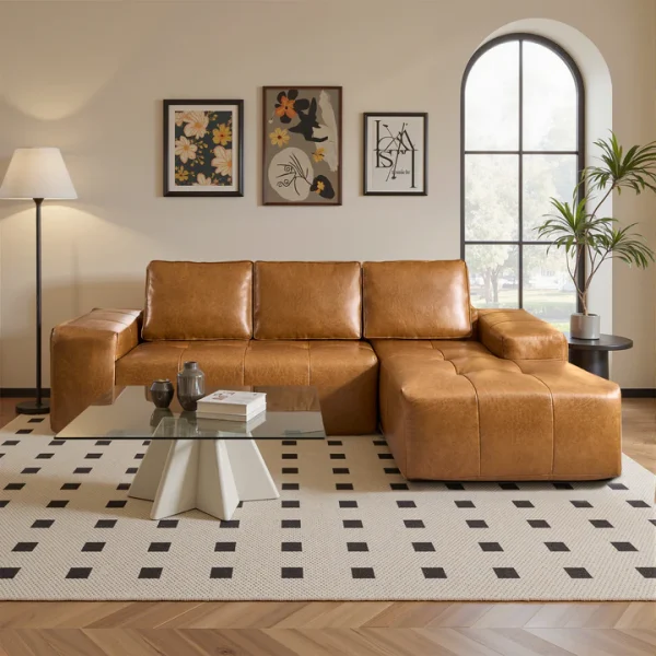 Boneless Couch 114" Cloud Sectional Sofa - L-Shaped Faux Leather Modular Couch with Deep Seat Chaise